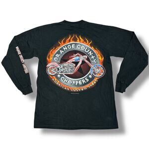 Y2K 2003 Orange County Choppers Flame Bike Long Sleeve Biker Tee Black Vintage M